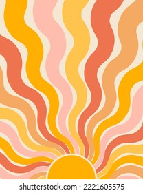 Abstract groovy poster. Colorful background with sun. Wall decor. Vector illustration in trendy psychedelic cartoon style. Stay groovy. Good vibes