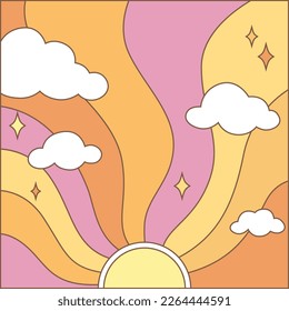 Abstract groovy poster. Colorful background with sun. Wall decor. Vector illustration in trendy psychedelic cartoon style. Stay groovy. Good vibes