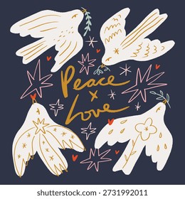 Abstract groovy poster or postcard dove of peace in modern pastel tones. Modern trendy minimal freehand doodlish style. Hand drawn clipart design for wallpaper, wall decor, print, cover, template