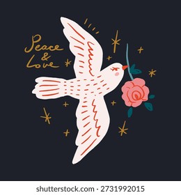 Abstract groovy poster or postcard dove of peace in modern pastel tones. Modern trendy minimal freehand doodlish style. Hand drawn clipart design for wallpaper, wall decor, print, cover, template