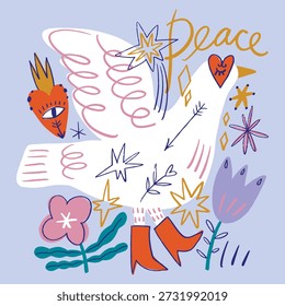 Abstract groovy poster or postcard dove of peace in modern pastel tones. Modern trendy minimal freehand doodlish style. Hand drawn clipart design for wallpaper, wall decor, print, cover, template