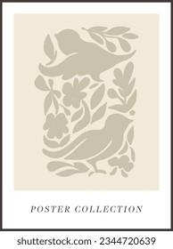 Abstract groovy posters dove of peace in beige tones. Modern trendy Minimal style. Hand drawn design for wallpaper, wall decor, print, postcard, cover, template, banner.