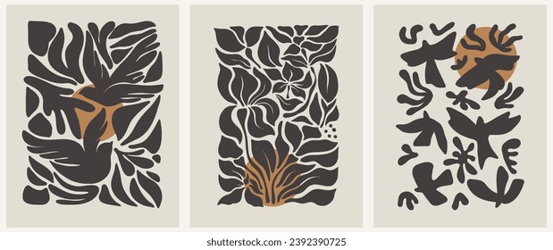 Afiches abstractos y groovys palomitas de paz en tonos beige. Moderno estilo minimalista. Diseño dibujado a mano para papel pintado, decoración de pared, impresión, postal, cubierta, plantilla, banner.