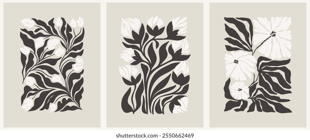 Abstract groovy posters flowers in beige tones. Modern trendy Minimal style. Hand drawn design for wallpaper, wall decor, print, postcard, cover, template, banner.