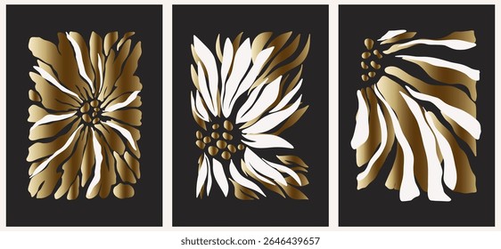 Abstract groovy posters flowers in gold tones. Modern trendy Minimal style. Hand drawn design for wallpaper, wall decor, print, postcard, cover, template, banner.