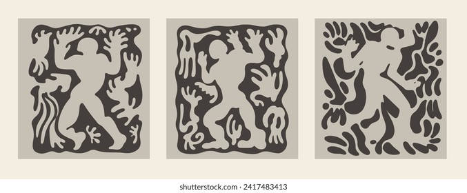 Abstract groovy posters with silhouettes of people in a modern trendy minimalist style. Hand drawn prints for wallpaper, wall decor, fabric, postcards, covers.