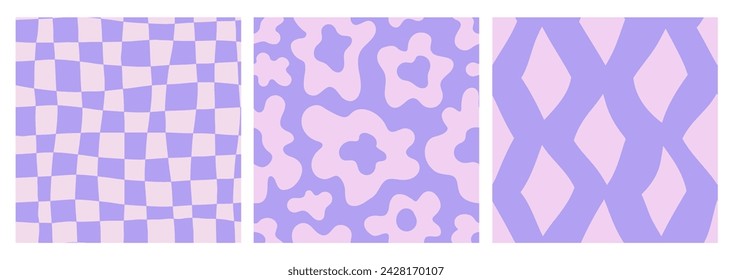 Abstract groovy purple seamless patterns set. Modern lilac wavy and liquid vector backgrounds collection. Swirl pink textures with chessboard, flowers, organic shapes