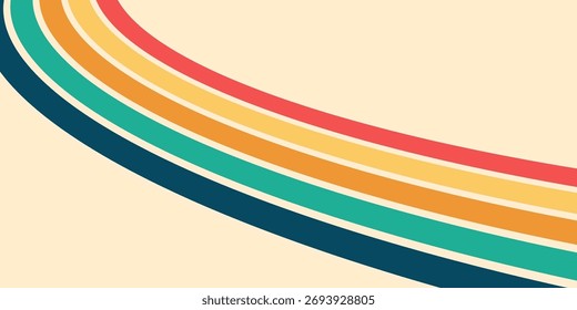 Abstrato padrão de arco-íris groovy com linhas onduladas fluindo e cores vintage. Retro 70s fundo de sol psicodélico, design vetorial colorido para cartazes de arte ou impressões de tecido.