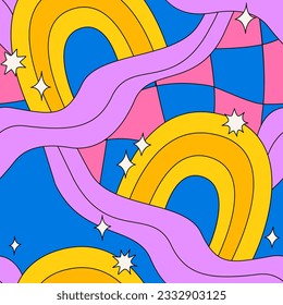 Abstract groovy seamless pattern with rainbows, wavy shapes and stars. Distorted wavy cage. Vector psychedelic background