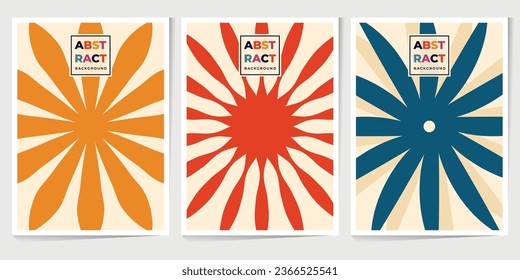 Abstract groovy seamless pattern. Sunburst, swirl, geometric, waves with funny happy daisy retro color for vintage vibes poster. Flat vector background isolated.