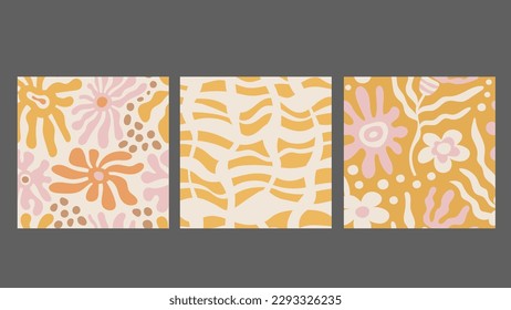 Abstract groovy seamless patterns set. Modern wavy backgrounds collection with liquid flowers and geometric shapes for spring and summer. Pastel colored vector illustration