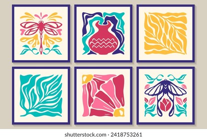 Abstract groovy square posters with flowers, butterfly, dragonfly and vase in minimal style. Trendy naive retro banners with plants and organic floral. Matisse print set. Botanic vector illustration.