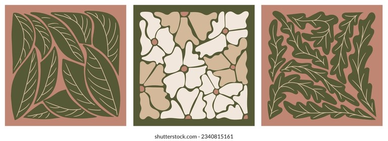 Abstract groovy square set with flowers and leaves. Vector botanical graphic composition in minimalistic style. Modern design. Ideal for interior decoration, home design, t shirt print, printout