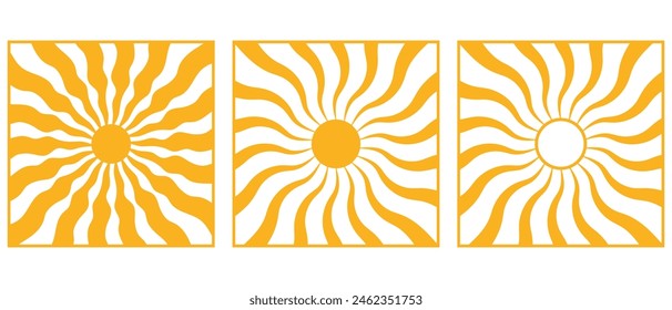 Abstract groovy summer background with sun. Retro swirl sun groovy banner background. Organic doodle shapes with sun. Vector illustration.