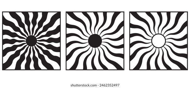 Abstract groovy summer background with sun. Groovy retro abstract sun background set with bright sunburst. Organic doodle shapes with sun. Vector illustration.