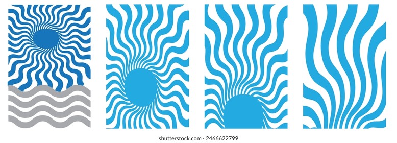 Abstract groovy summer background with sun. Groovy retro abstract sun background set with bright sunburst. Organic doodle shapes with sun. Vector