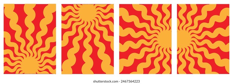 Abstract groovy summer background with sun. Groovy retro abstract sun background set with bright sunburst. Organic doodle shapes with sun. Vector illustration. Eps10.