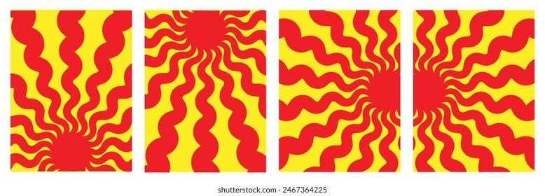 Abstract groovy summer background with sun. Groovy retro abstract sun background set with bright sunburst. Organic doodle shapes with sun. Vector illustration. Eps10.