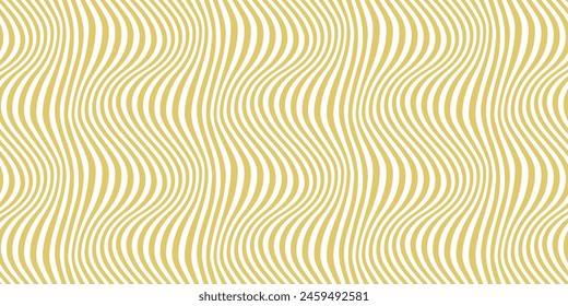 Abstract groovy vector seamless pattern with curved lines, wavy stripes, fluid shapes. Gold and white distorted background. Dynamical rippled texture, 3D effect design, optical illusion. Golden design