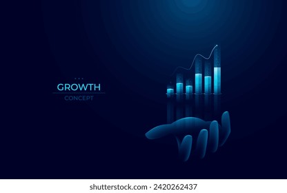 Abstract grow graph chart on a hand palm. Businessman holding stock market chart bar hologram. Finance growth with arrow up concept. Light bright  blue futuristic style. Digital vector illustration.