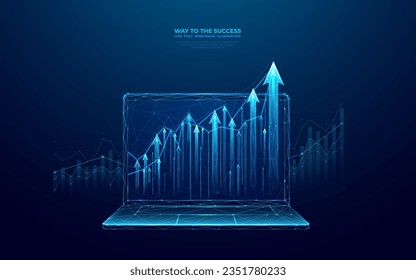 Abstract growing graph chart on a laptop screen. Digital arrows up and diagram. Investment or business strategy. Low poly wireframe vector illustration on technology blue background. Finance growth.