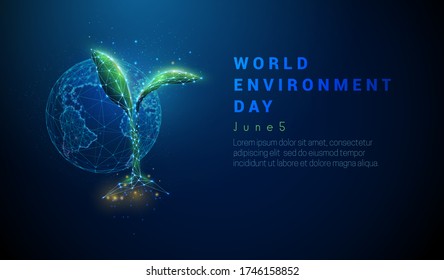 Abstract growing plant in soil with planet Earth. Low poly style design. Blue geometric background. Wireframe light connection structure. Modern 3d graphic concept. Isolated vector illustration.