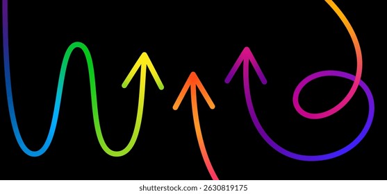 Abstract Growth Up Arrows. Line Gradient Arrows on a Black Background. Neon Color Vector Pattern