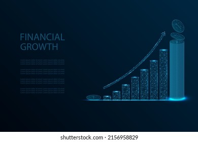 Abstrakte Wachstumstabelle in dunkelblau. Business, Financial, Analytics Konzept. Digitaler Vektorgrafik-Währungsdiagramm mit verbundenen Punkten, Linien und Formen. Low-Poly-Diagramm Wireframe mit Kryptomünzen. 