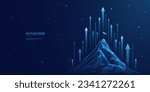 Abstract growth concept. The digital peak of a mountain with a flag on the top and arrows up. Boosting of a career or great results of a business. Low poly wireframe vector illustration.