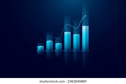 Abstract growth graph chart with up arrow on technology dark blue background. Stock market and success business concept. Vector illustration in digital futuristic light blue monochrome style. svg