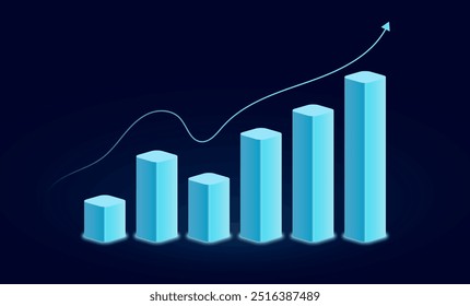 Gráfico de crecimiento Abstractas con flecha hacia arriba sobre fondo azul oscuro de tecnología. Mercado de valores y concepto de negocio de éxito. Ilustración vectorial en estilo digital futurista azul claro monocromo.