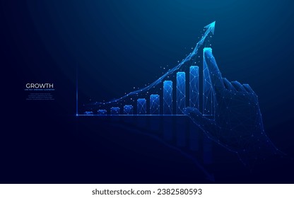 Gráfico gráfico de crecimiento abstracto. Flecha hacia arriba con la mano digital y barra de histograma. Gráfico de columnas. Concepto de éxito empresarial y de crecimiento profesional. Ilustración vectorial de armazón de polilla baja en estilo azul futurista