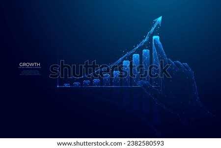 Abstract growth graph chart. Digital hand pointing arrow up and histogram bar. Column chart. Success business and career growth concept. Low poly wireframe vector illustration in futuristic blue style