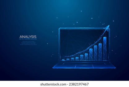 Gráfica de crecimiento abstracta en una pantalla portátil sobre fondo azul de tecnología. Concepto de análisis financiero y empresarial. Ilustración vectorial de malla baja en estilo azul holográfico futurista.