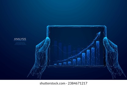 Abstract growth graph chart on tablet screen. Technology hands holding tablet with growth histogram. Stock market concept in light blue low poly style. Vector illustration on dark background.