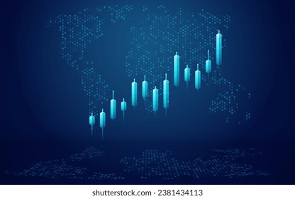 Abstract growth graph chart. Stock market and business analysis concept. Forex Japanese candlesticks on world map technology background. Digital light blue futuristic vector illustration