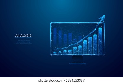 Gráfica gráfica de crecimiento abstracta con flecha tecnológica hacia arriba en pantalla de monitor de computadora. Concepto de análisis de datos sobre el fondo tecnológico en el estilo futurista azul claro. Ilustración vectorial de malla baja