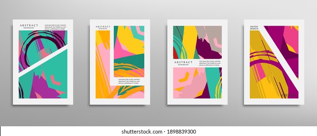 Abstract grunge arts background. Brush stroke elements. Collage page. Template for web header, card, invitation, brochure, book cover, booklet print. Painting poster design, flyer sheet a4. Vector set