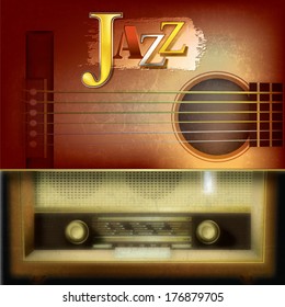 Abstract grunge background with acoustic guitar and retro radio