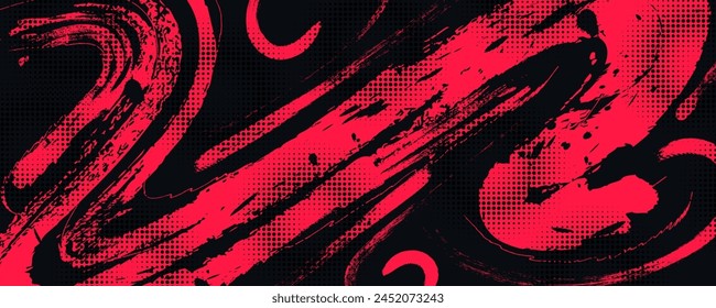 Abstract Grunge Background with Black and Red Brush Texture. Creative Design for Sports Background with Halftone Effect