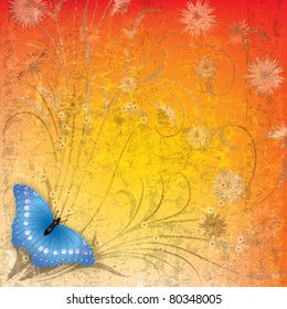 abstract grunge background with blue butterfly and flowers