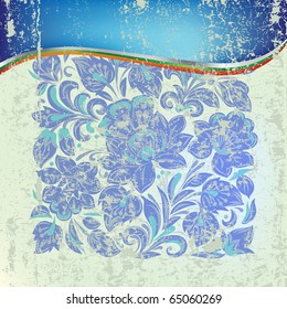 abstract grunge background with blue floral ornament on green