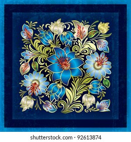 abstract grunge background with blue spring floral ornament