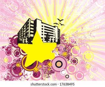 Abstrakter brüchiger Hintergrund mit einer Gebäudesilhouette, Vektorgrafik-Reihe.