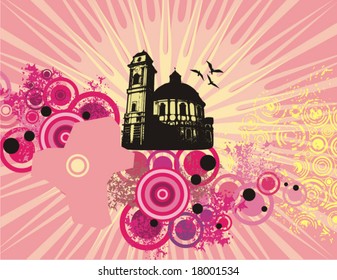 Abstract grunge background with a building silhouette, vector illustration series.