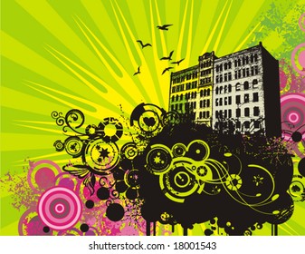 Abstract grunge background with a building silhouette, vector illustration series.