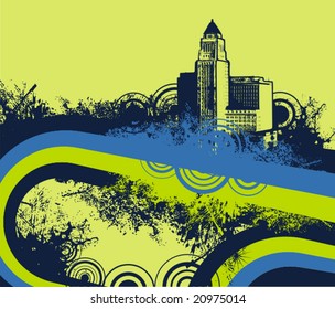 Abstract grunge background with a building silhouette, vector illustration series.