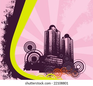 Abstract grunge background with a building silhouette, vector illustration series.