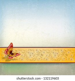 abstract grunge background with butterfly and yellow floral ornament