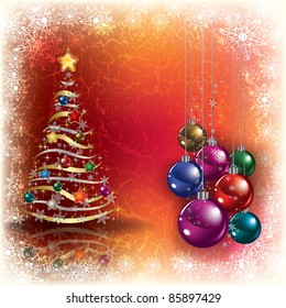 Abstract grunge background with Christmas tree and decorations